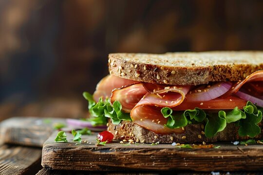 Frisches knuspriges Sandwich mit Schinken, Tomaten und Salat auf rustikalem Holzbrett 