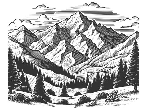 majestic mountain landscape with a dense pine forest in the foreground sketch engraving generative ai fictional character raster illustration. Scratch board imitation. Black and white image.