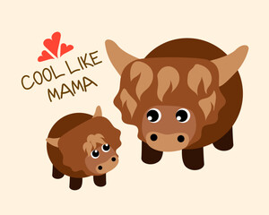 Highland cattle cow happy cartoon mom and baby highland cow - children doodle print, vector illustration. Happy Mothers Day card design for fashion graphics, t shirt prints, posters, stickers