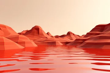 Tuinposter 3d render, cartoon illustration of red hills with water in the background, simple minimalistic style, low detail copy space for photo text or product, blank  © Lenhard