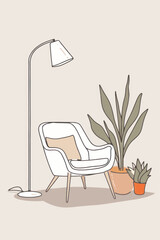 Continuous line drawing of an interior with an armchair and a plant, a table and a lamp. Vector flat simple illustration