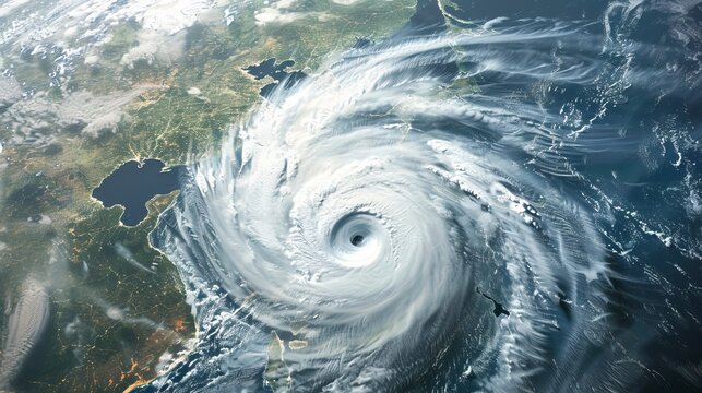 A super typhoon over the ocean is depicted as a severe tropical storm, emphasizing the intense dynamics of weather events