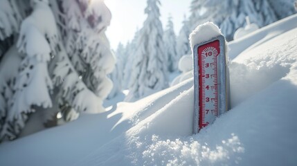 A thermometer placed in snow indicates low temperatures, measured in either Celsius or Fahrenheit - obrazy, fototapety, plakaty