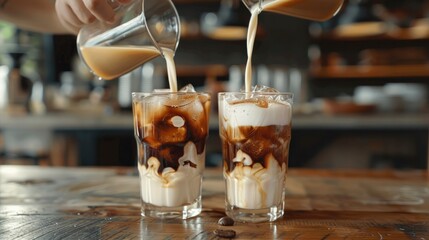 a picture showing the process of manually adding milk to two glasses of iced coffee.