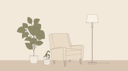 Continuous line drawing of an interior with an armchair and a plant, a table and a lamp. Vector flat simple illustration