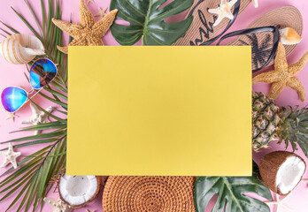 Summer vacation and travel holiday background, sale and invitation flat lay, with tropical leaves, flip flops, straw hat, sunglasses and bag, coconut and pineapple tropical sweet fruits. 