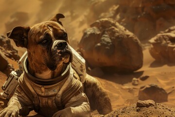 Boxer dog on Mars in spacesuit