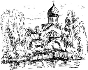 Old Russian church on the shore among the trees. Hand drawn vector landscape