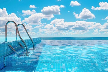 Beautiful pool with a white cloud cover and a blue sky. There are lovely reflections made by the shining water below the sun. - obrazy, fototapety, plakaty