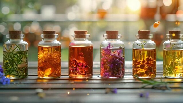 Botanical Essence: Serene Display of Herbal Oils with Natural Backdrop. Concept Botanical Essence, Herbal Oils, Natural Backdrop, Serene Display