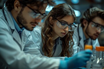 A team of concentrated scientists examining specimens in a lab environment with a focus on a woman