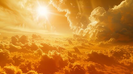 An extreme heat wave presents a background of intense sun and sky, symbolizing the hot temperatures of summer and global warming concerns