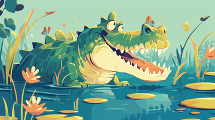 Minimalist digital drawing woodland crocodile 2d fl