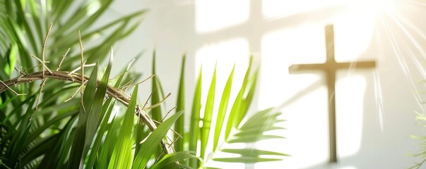 Easter background with palm leaves, crown of thorns and cross on the right side with soft sunlight - obrazy, fototapety, plakaty