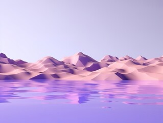 3d render, cartoon illustration of violet hills with water in the background, simple minimalistic style, low detail copy space for photo text or product, blank