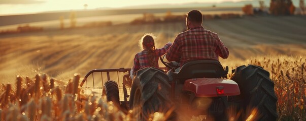 A back view of the farmer father riding tractor with him daughter.