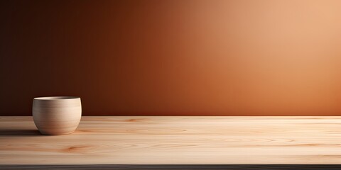 Fototapeta na wymiar Abstract background with a dark beige wall and wooden table top for product presentation, wood floor, minimal concept, low key studio shot