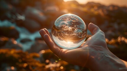 Marvel at the sheer beauty of a transparent glass globe cradled delicately in a hand, its flawless surface reflecting the surrounding world with breathtaking clarity - obrazy, fototapety, plakaty