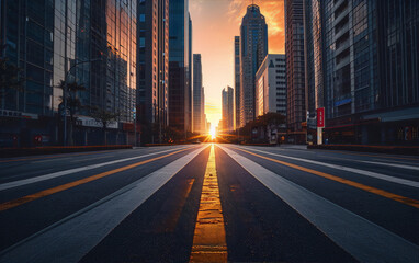 Fototapeta premium Sunrise Cityscape Asphalt road between skyscrapers golden hour orange blue hope 