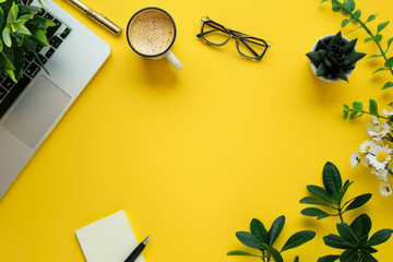 Behold the meticulously arranged workspace from a top view, showcasing notepad, office supplies, and flowers on a light background. AI generative elevates creativity.