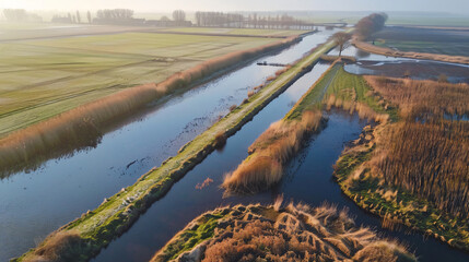 A dike in The Netherlands protecting water  - obrazy, fototapety, plakaty