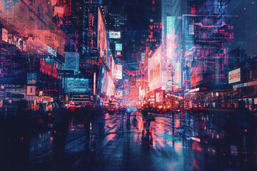 Fototapeta premium A digital painting of a busy urban street scene at night with people crossing the road in the rain, with blue and red neon lights reflecting off the wet pavement.