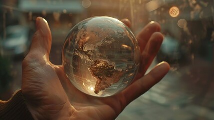 Marvel at the sheer beauty of a transparent glass globe cradled delicately in a hand, its flawless surface reflecting the surrounding world with breathtaking clarity