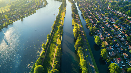 A dike in The Netherlands seen from the sky.  - obrazy, fototapety, plakaty