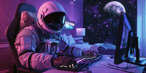 Discover the fusion of space exploration and digital technology as an astronaut engages with a computer in his bedroom. AI generative enhancements add depth to the cosmic scene. - obrazy, fototapety, plakaty