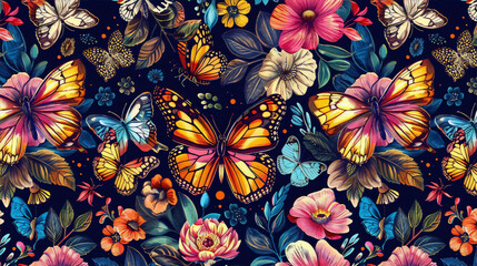 vibrant detailed colorful butterflies and flowers pattern, reminiscent of art nouveau ,with a painterly and surrealist style - obrazy, fototapety, plakaty