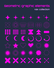 Set of geometric pink brutalist shapes. Stars, moon, heart. Abstract retro elements in Y2K style. y2k vector illustration 