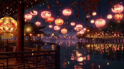 Obraz premium Marvel at the sight of Chinese lanterns lighting up the night sky in this enchanting image of the New Year festival