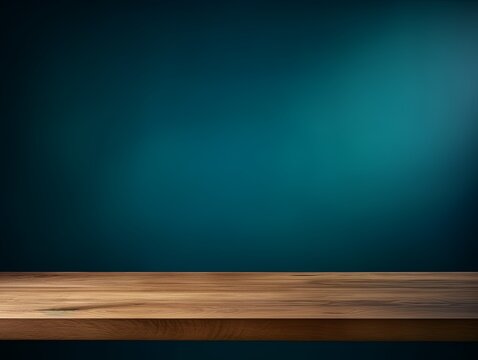 Abstract background with a dark cyan wall and wooden table top for product presentation, wood floor, minimal concept, low key studio shot