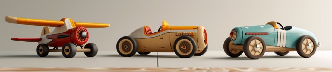 A line of retro-style wooden toy planes and cars, showcasing traditional craftsmanship and...