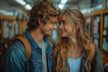 Naklejka premium Affectionate young couple with backpacks smiling and gazing into each other's eyes warmly