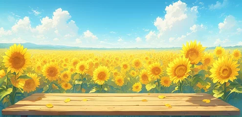  The background is a blue sky and white clouds, with a wooden table top surrounded by sunflowers in the foreground.  © Photo And Art Panda
