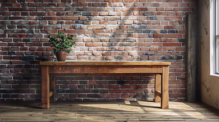 Rustic wooden table and plant in front of brick wall in industrial interior with large windows