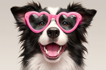 Happy border collie dog wearing pink heart shaped glasses on pastel background