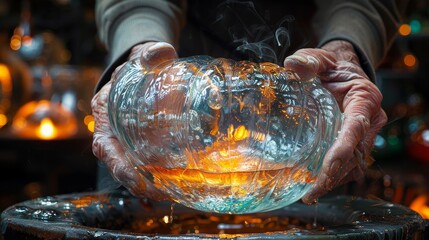 Glass blowing is a craft where only the visible hand creates stunning glass pieces, Generated by AI - obrazy, fototapety, plakaty