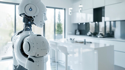 White humanoid robot  with system  of artificial intelligence AI as butler or cook in the kitchen, doing the homework like cooking , smart home. Generative AI.  - obrazy, fototapety, plakaty
