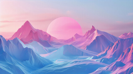 Synthwave retro futurism landscape with pink and blue mountains and a pink sun. - obrazy, fototapety, plakaty
