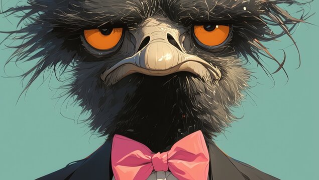 ostrich wearing black tuxedo and pink bow tie, solid pastel green background, cute funny character