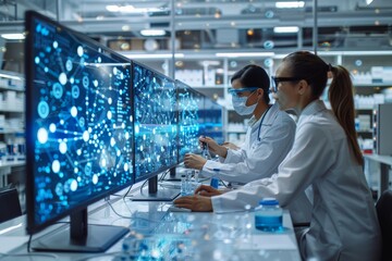Data analysts attentively monitoring complex digital data streams across multiple screens in a technological environment