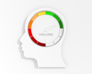 Wellness level meter inside of human head. Scale with arrow. Human psychology. 3D render