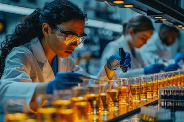 Intently focused biotechnologists conduct sample tests in a lab with amber lighting, signifying meticulous scientific work