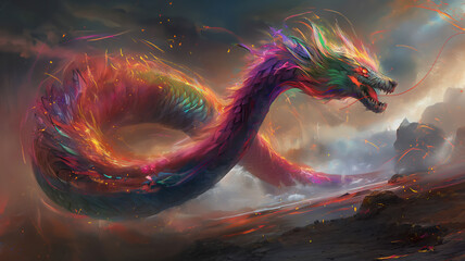 Colorful dragon soaring above a fiery landscape, its scales shimmering against a dramatic sky.