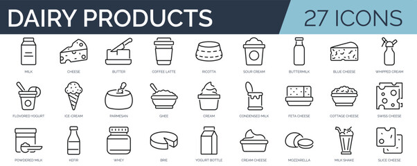 Set of 27 outline icons related to dairy products. Linear icon collection. Editable stroke. Vector illustration