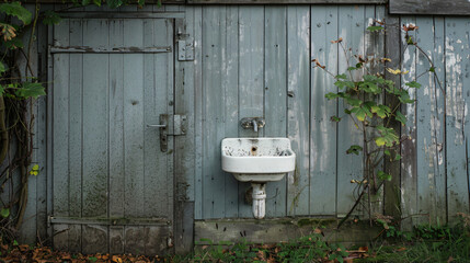 A grey wooden door and an old white sink in a farm 