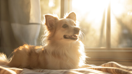Fluffy dog basking in the warm sunlight by the window, smiling contentedly.