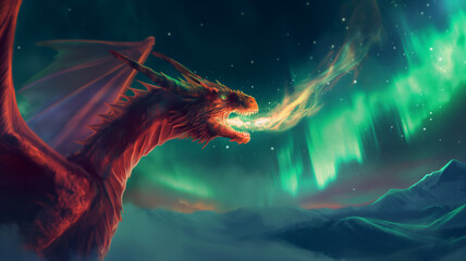Red dragon exhaling light against the aurora-filled night sky over snowy mountains.